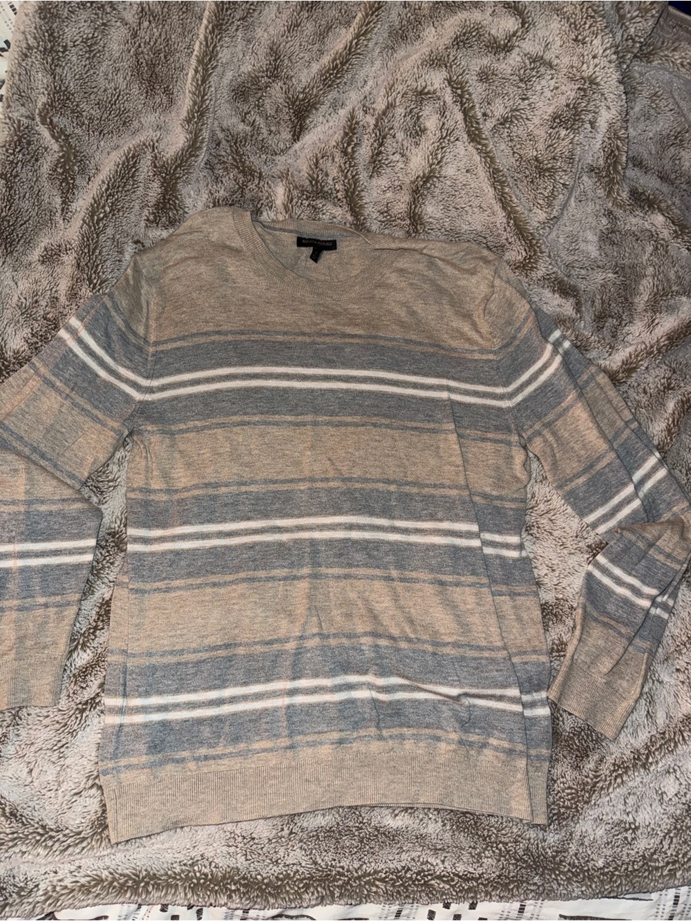 Banana Republic Gray and Cream Striped Crewneck Sweater